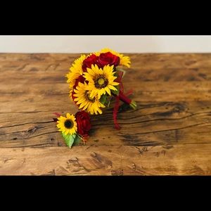 Maroon Roses and Sunflowers Bouquet